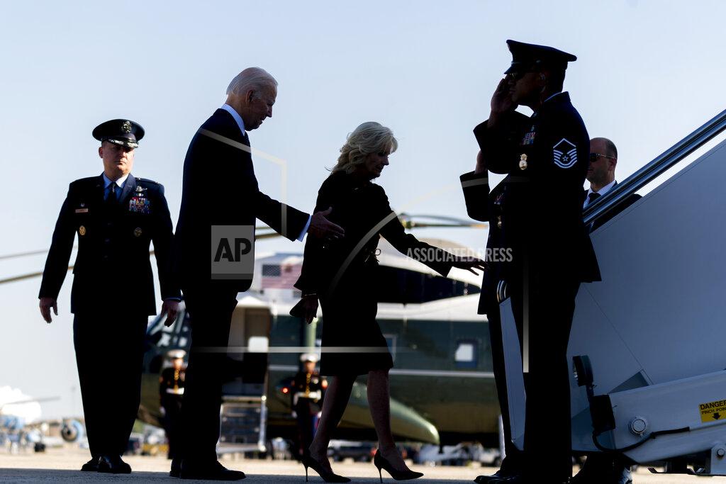 Andrew Harnik President Joe Biden and first lady Jill Biden board Air Force One at Washington, Md., Tuesday, May 17, 2022, to travel to Buffalo, N.Y., to pay their respects and speak to families of the victims of Saturday's shooting at a supermarket. (AP Photo/Andrew Harnik)