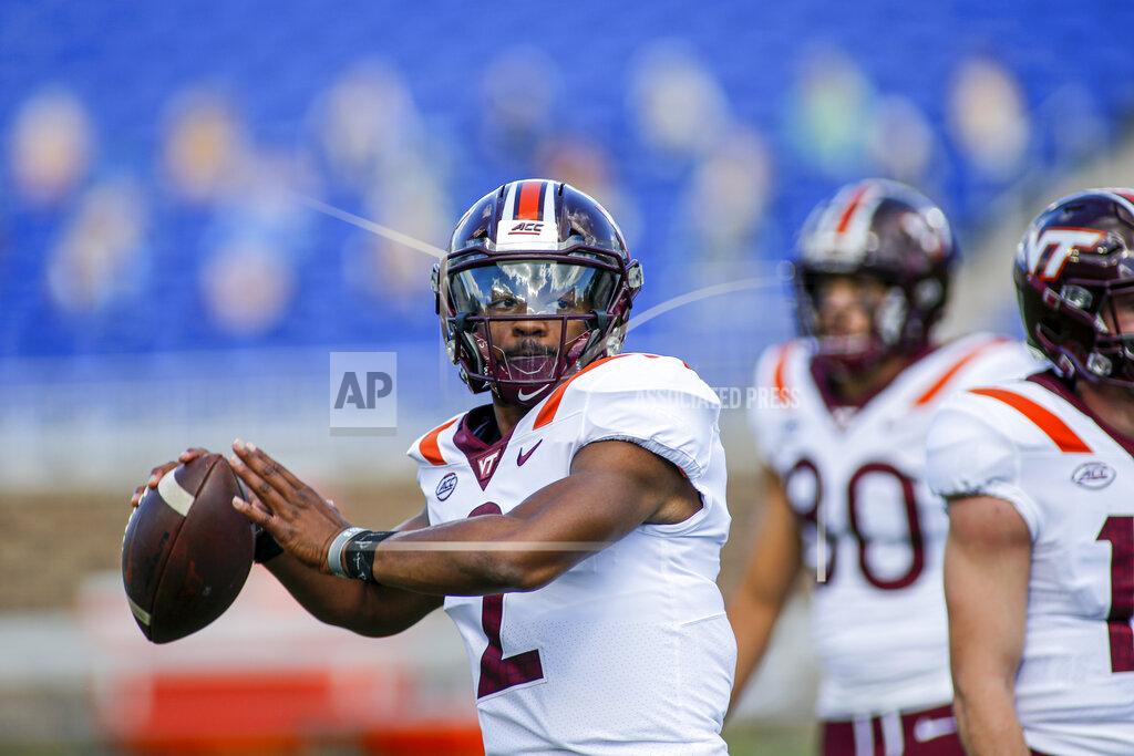 Nell Redmond Virginia Tech quarterback Hendon Hooker (2) warms up before playing against Duke in an NCAA college football game, Saturday, Oct. 3, 2020, in Durham, N.C. (Nell Redmond/Pool Photo via AP)