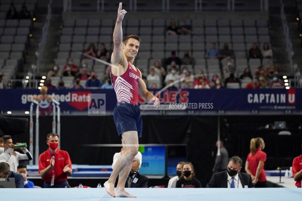 Tony Gutierrez Sam Mikulak celebrates after competing in the floor exercise during the U.S. Gymnastics Championships, Saturday, June 5, 2021, in Fort Worth, Texas. (AP Photo/Tony Gutierrez)
