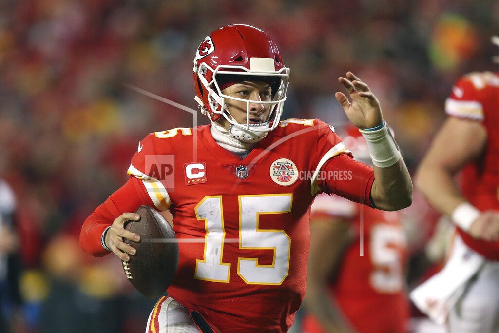 Travis Heying Kansas City Chiefs quarterback Patrick Mahomes (15) scrambles up field during the second half of an NFL wild-card playoff football game against the Pittsburgh Steelers, Sunday, Jan. 16, 2022, in Kansas City, Mo. (AP Photo/Travis Heying)