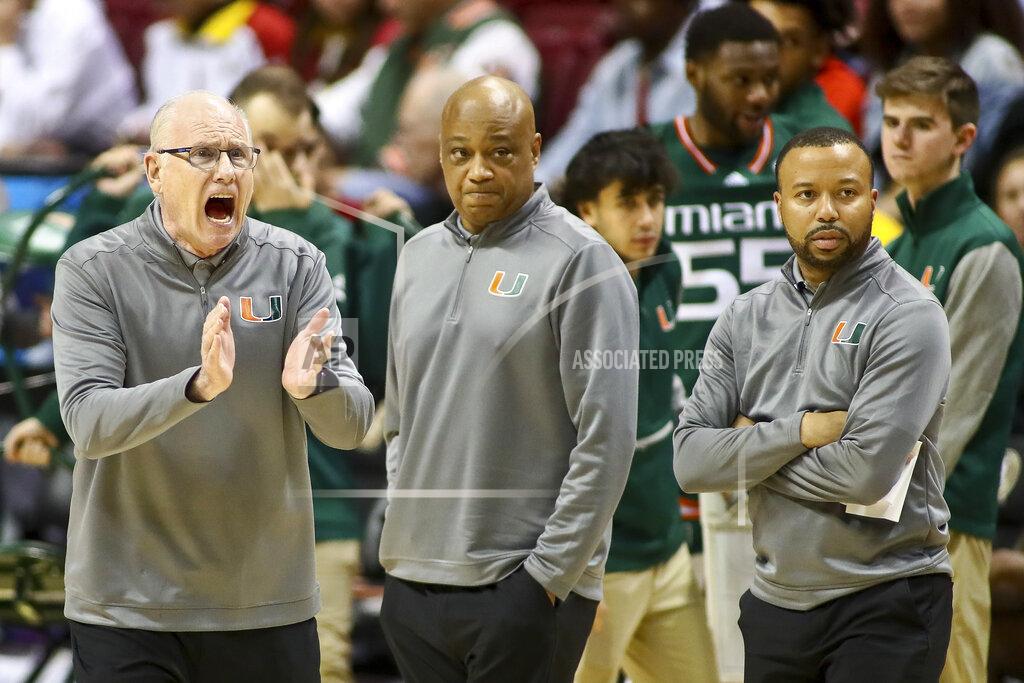Phil Sears Miami head coach Jim Larranaga yells at his team as associate head coach Bill Courtney and assistant coach Kotie Kimble look on in the second half of an NCAA college basketball game against Florida State in Tallahassee, Fla., Tuesday, Jan. 24, 2023. (AP Photo/Phil Sears)