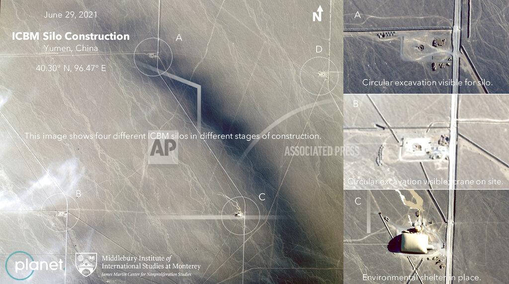 Planet Labs Inc. This June 29, 2021, satellite image provided by Planet Labs Inc. that has been annotated by experts at the James Martin Center for Nonproliferation Studies at Middlebury Institute of International Studies shows what analysts believe is a field of intercontinental ballistic missile silos near Yumen, China. The U.S. military is warning about what analysts have described as a major expansion of China's nuclear missile silo fields, at a time of heightened tension between the U.S. and China. (Planet Labs Inc., James Martin Center for Nonproliferation Studies at Middlebury Institute of International Studies via AP)