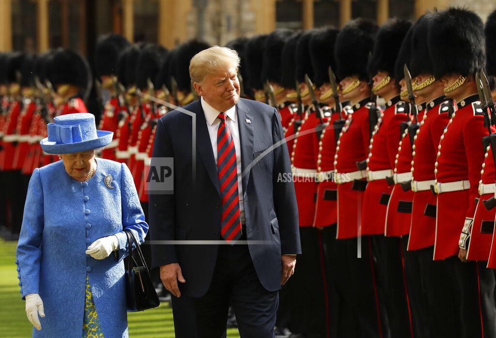Matt Dunham FILE - In this July 13, 2018, file photo U.S. President Donald Trump and Britain's Queen Elizabeth II inspect a Guard of Honour, formed of the Coldstream Guards at Windsor Castle in Windsor, England. (AP Photo/Matt Dunham, Pool, File)