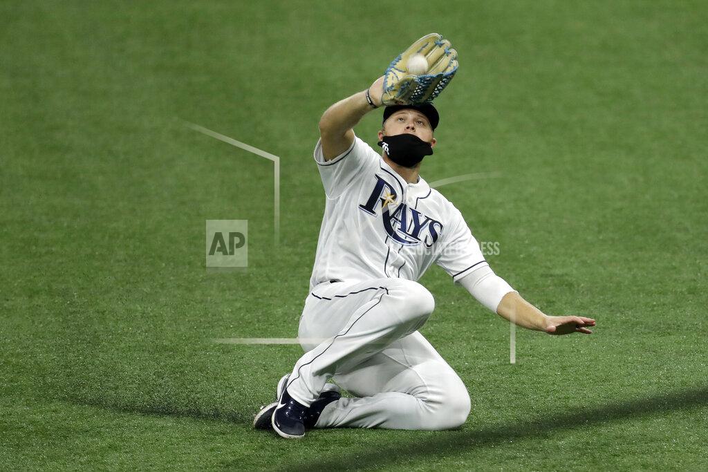Chris O'meara Tampa Bay Rays right fielder Austin Meadows makes a sliding catch on a fly out by New York Yankees' Luke Voit during the seventh inning of a baseball game Friday, Aug. 7, 2020, in St. Petersburg, Fla. (AP Photo/Chris O'Meara)