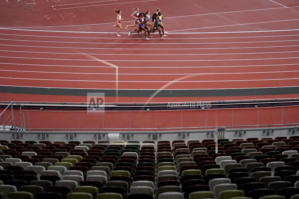 Competitors run in the semifinal of the women's 800-meters at the 2020 Summer Olympics, Saturday, July 31, 2021, in Tokyo. (AP Photo/Jae C. Hong)
