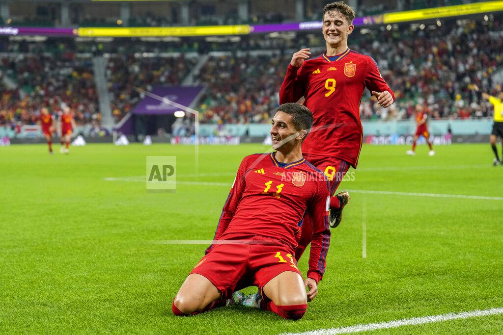 Francisco Seco Spain's Ferran Torres celebrates after scoring his side's fourth goal during the World Cup group E soccer match between Spain and Costa Rica, at the Al Thumama Stadium in Doha, Qatar, Wednesday, Nov. 23, 2022. (AP Photo/Francisco Seco)