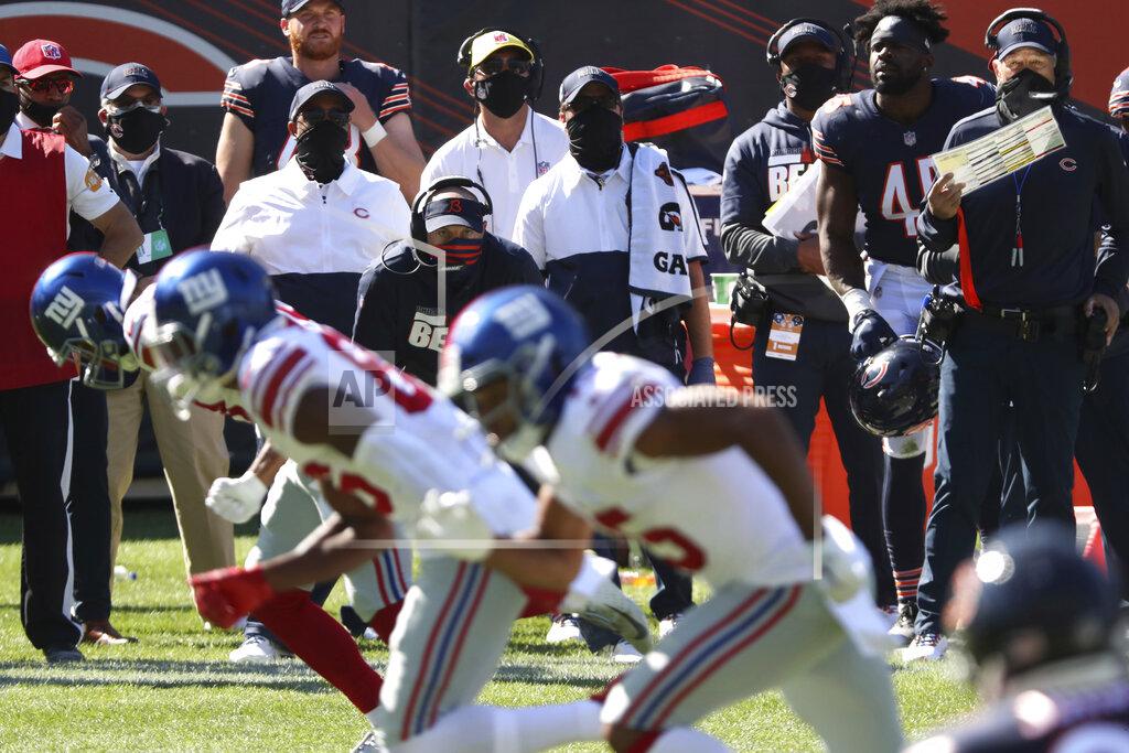 John J. Kim Chicago Bears head coach Matt Nagy, back center, watches the fourth quarter of an NFL football game against the New York Giants, Sunday, Sept. 20, 2020, in Chicago. (John J. Kim/Chicago Tribune via AP)