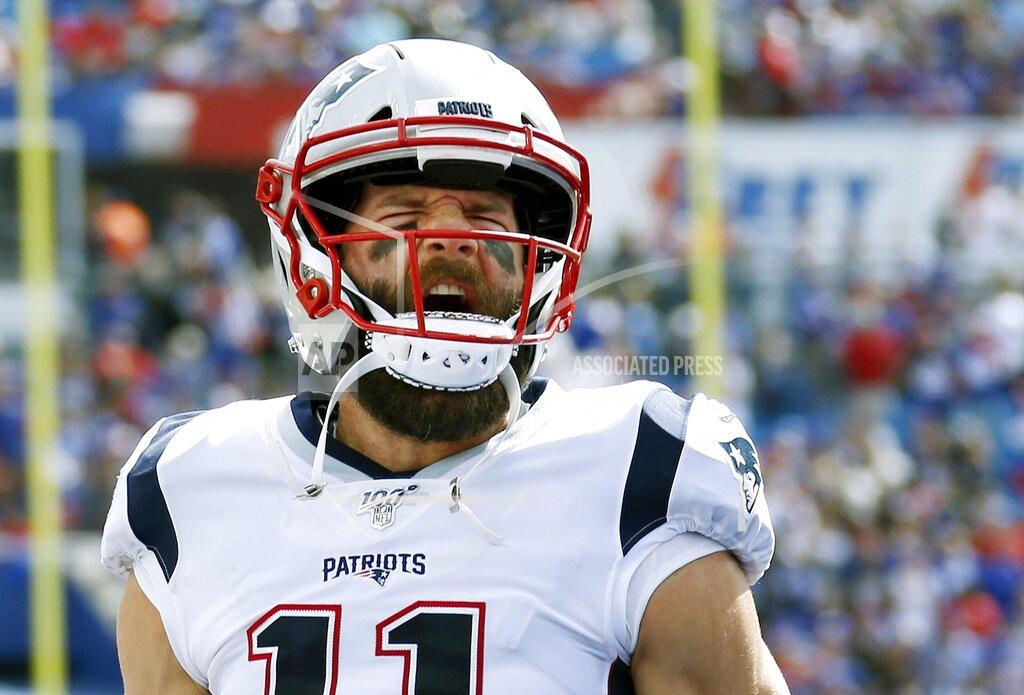 Ron Schwane New England Patriots wide receiver Julian Edelman gets pumped up before an NFL football game against the Buffalo Bills, Sunday, Sept. 29, 2019, in Orchard Park, N.Y. (AP Photo/Ron Schwane)
