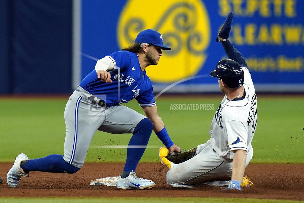 Chris O'MEara Toronto Blue Jays shortstop Bo Bichette tags out Tampa Bay Rays' Austin Meadows (17) attempting to steal second during the third inning of a baseball game Tuesday, Sept. 21, 2021, in St. Petersburg, Fla. (AP Photo/Chris O'Meara)