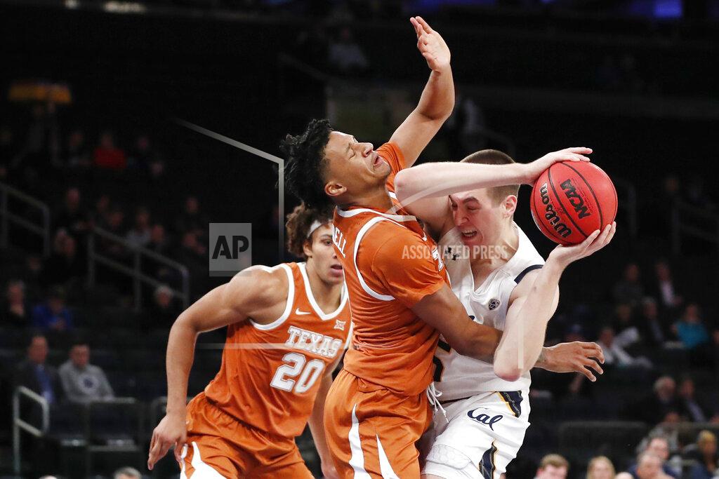 Kathy Willens Texas forward Gerald Liddell (0) collides while defending California forward Grant Anticevich, right, as Texas forward Jericho Sims (20) watches during the first half of an NCAA college basketball game in the 2K Empire Classic, Friday, Nov. 22, 2019, in New York. (AP Photo/Kathy Willens)