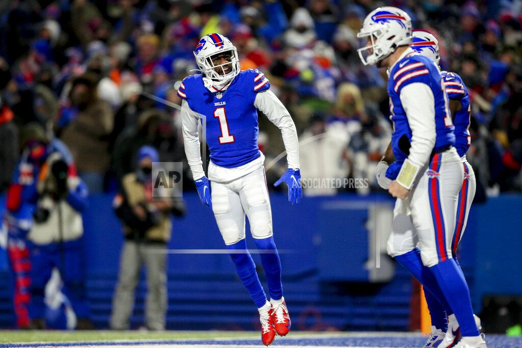 Buffalo Bills wide receiver Emmanuel Sanders (1) celebrates his touchdown catch with quarterback Josh Allen (17) during the second half of an NFL wild-card playoff football game, Saturday, Jan. 15, 2022, in Orchard Park, N.Y. (AP Photo/Joshua Bessex)