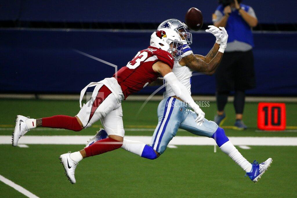 Michael Ainsworth Arizona Cardinals cornerback Byron Murphy Jr. (33) breaks up a pass attempt intended for Dallas Cowboys' Cedrick Wilson (11) in the second half of an NFL football game in Arlington, Texas, Monday, Oct. 19, 2020. (AP Photo/Michael Ainsworth)