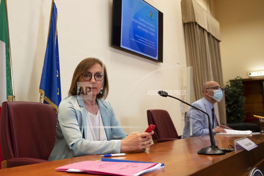Alessandra Tarantino Sandra Zampa, Health Ministry Undersecretary, left, and psychiatrist Fabrizio Starace, sit at the start of a press conference at the Italian Health Ministry to present the results of an investigation on the psychological and behavioral impact the coronavirus lockdown has had on children and adolescents in Italy, in Rome, Tuesday, June 16, 2020. (AP Photo/Alessandra Tarantino)