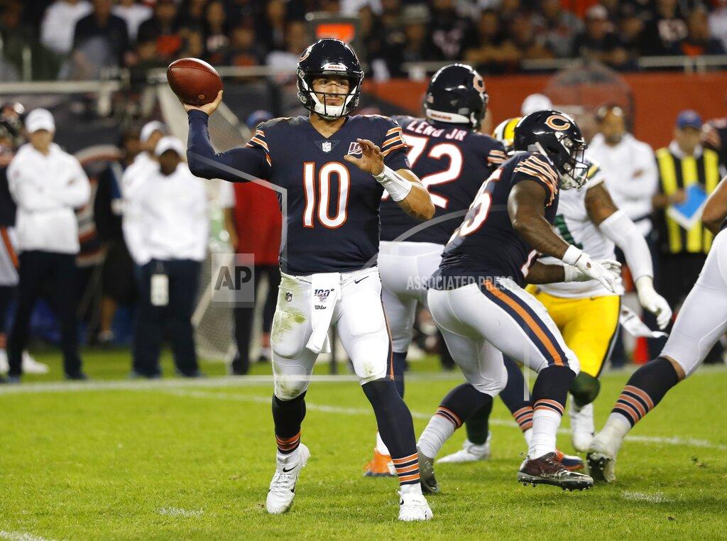 Charles Rex Arbogast Chicago Bears' Mitchell Trubisky throws during the second half of an NFL football game against the Green Bay Packers Thursday, Sept. 5, 2019, in Chicago. (AP Photo/Charles Rex Arbogast)
