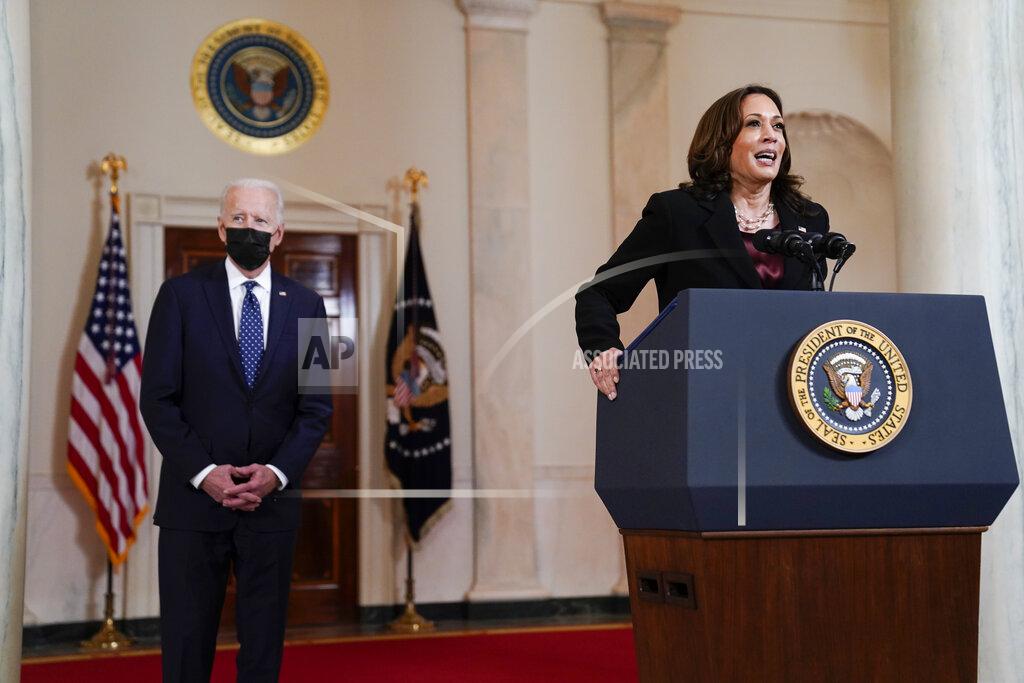 Evan Vucci Vice President Kamala Harris, accompanied by President Joe Biden, speaks Tuesday, April 20, 2021, at the White House in Washington. Mexico announced Saturday, April 24, that President Andres Manuel Lopez Obrador will hold talks with Harris on May 7 to discuss migration, amid an increase in underage migrants at the U.S. southern border. (AP Photo/Evan Vucci)