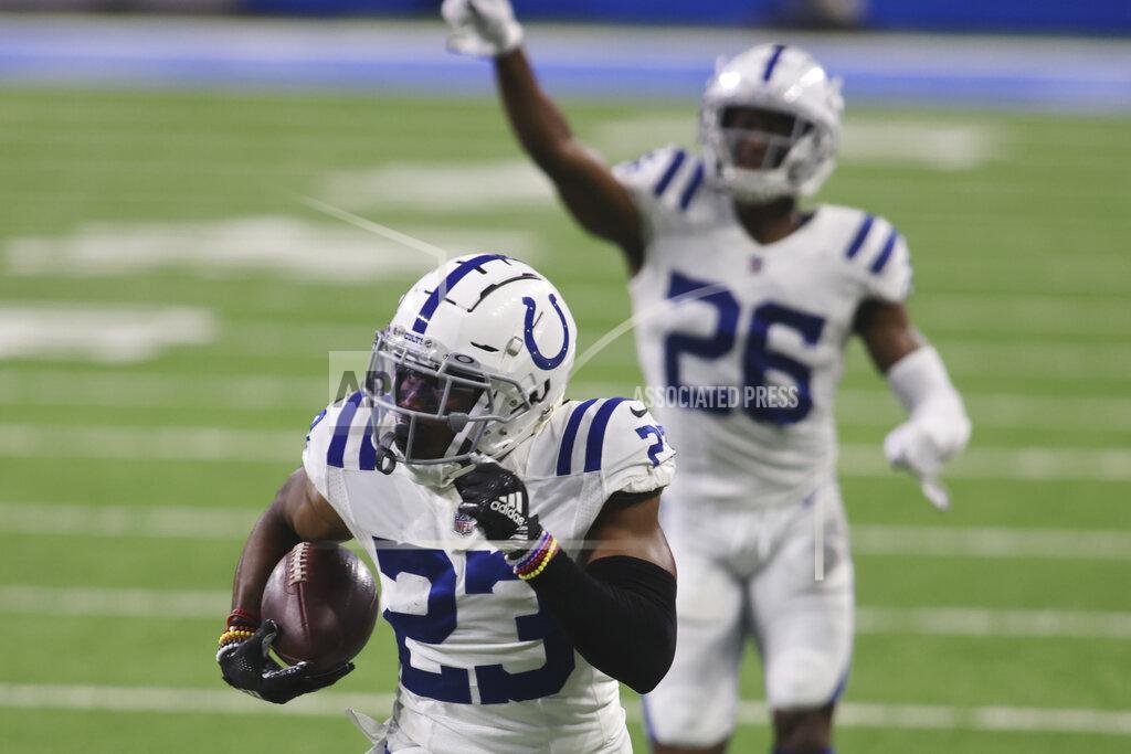 Tony Ding Indianapolis Colts cornerback Kenny Moore II (23) intercepts a pass intended for Detroit Lions wide receiver Marvin Jones and returns the ball 29 yards for a touchdown during the second half of an NFL football game, Sunday, Nov. 1, 2020, in Detroit. (AP Photo/Tony Ding)