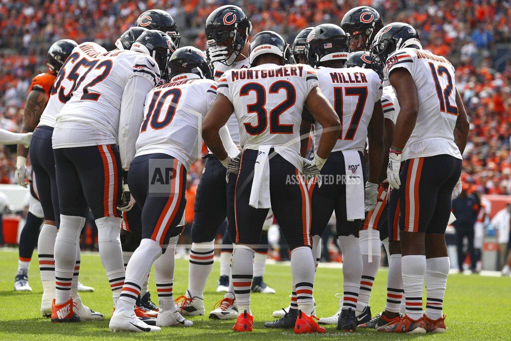Margaret Bowles The Chicago Bears huddle during an NFL game against the Denver Broncos, Sunday Sept. 15, 2019, in Denver. The Bears defeated the Broncos 16-14. (Margaret Bowles via AP)