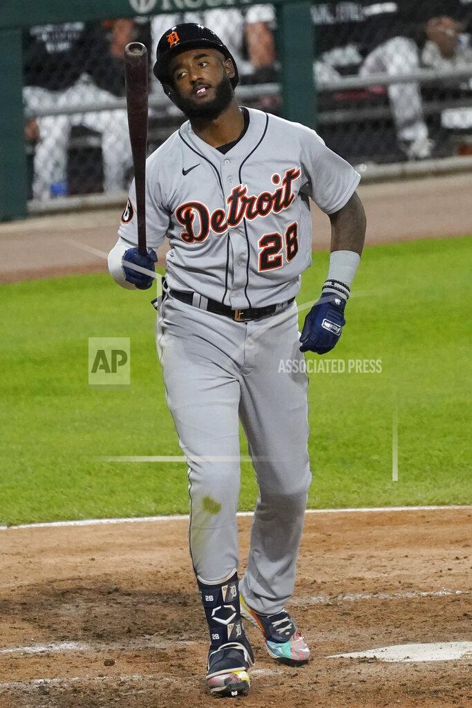 Nam Y. Huh Detroit Tigers' Niko Goodrum reacts after striking out swinging during the eighth inning of a baseball game against the Chicago White Sox in Chicago, Wednesday, Aug. 19, 2020. The White Sox won 5-3. (AP Photo/Nam Y. Huh)