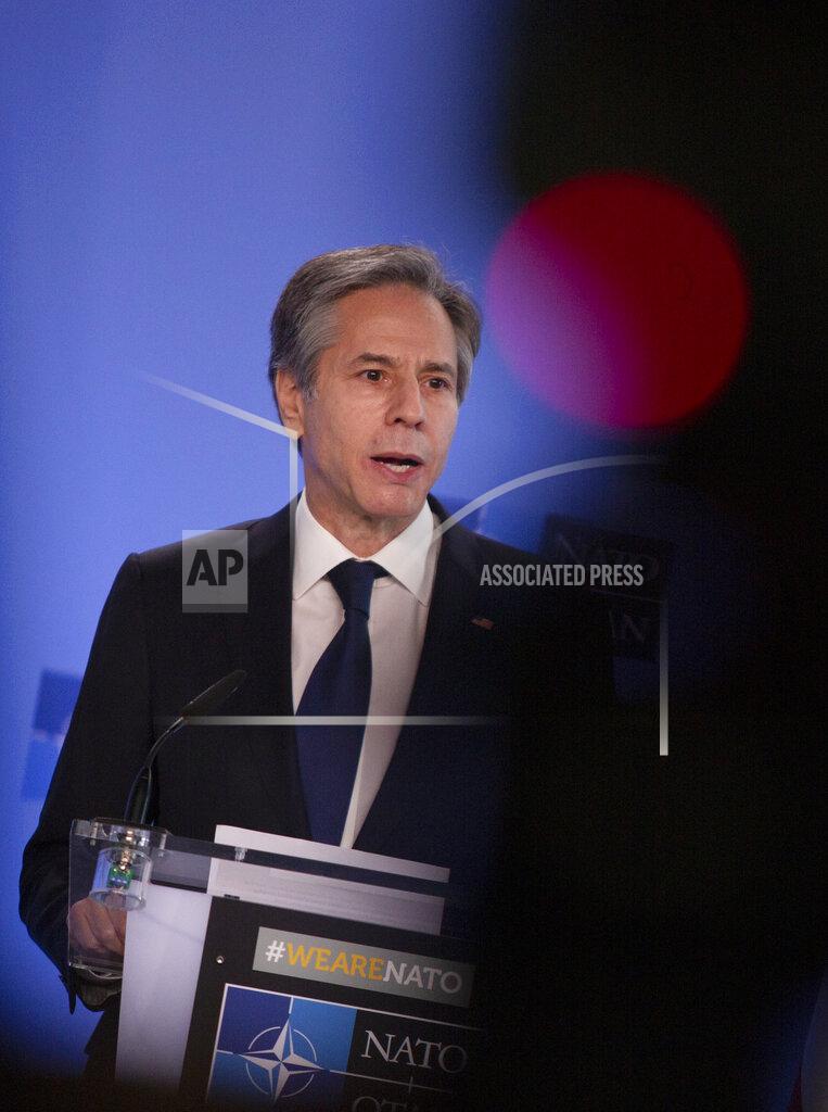 Virginia Mayo U.S. Secretary of State Antony Blinken speaks during a media conference prior to a meeting of NATO foreign ministers at NATO headquarters in Brussels on Tuesday, March 23, 2021. (AP Photo/Virginia Mayo, Pool)