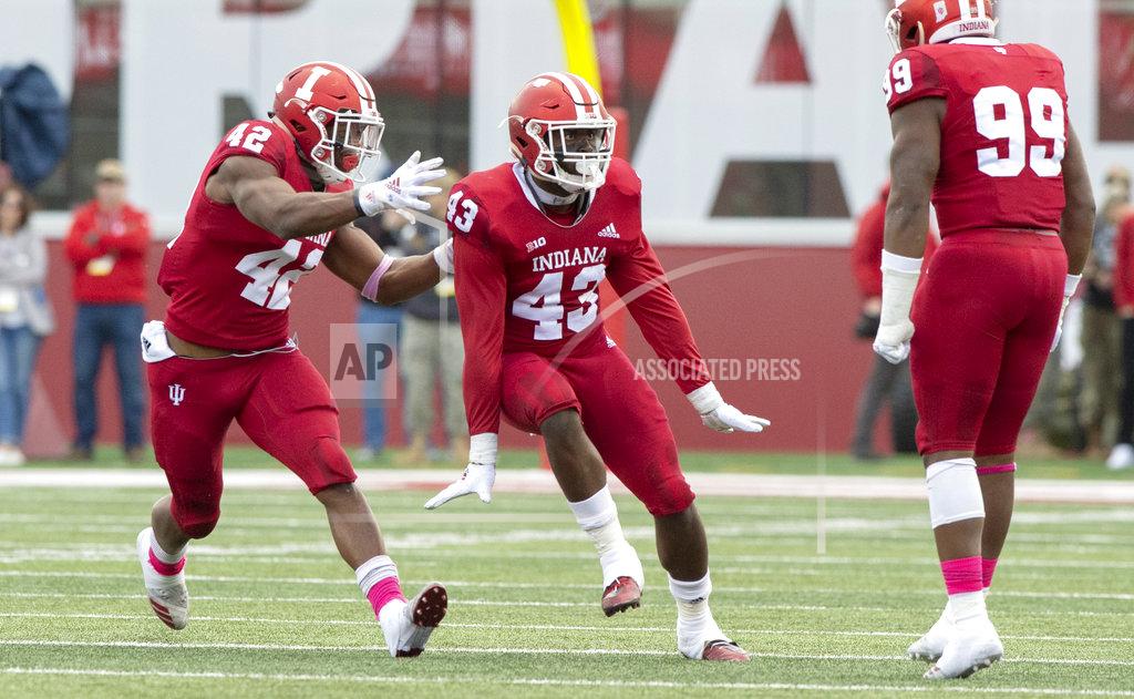 Doug Mcschooler Indiana linebacker Dameon Willis Jr. (43) reacts with his teammates after sacking Penn State quarterback Trace McSorley (9) during the first half of an NCAA college football game Saturday, Oct. 20, 2018, in Bloomington, Ind. (AP Photo/Doug McSchooler)