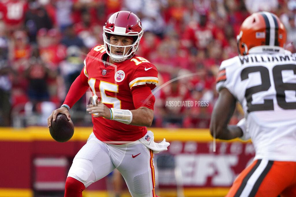 Ed Zurga Kansas City Chiefs quarterback Patrick Mahomes (15) scrambles as Cleveland Browns cornerback Greedy Williams (26) defends during the second half of an NFL football game Sunday, Sept. 12, 2021, in Kansas City, Mo. (AP Photo/Ed Zurga)