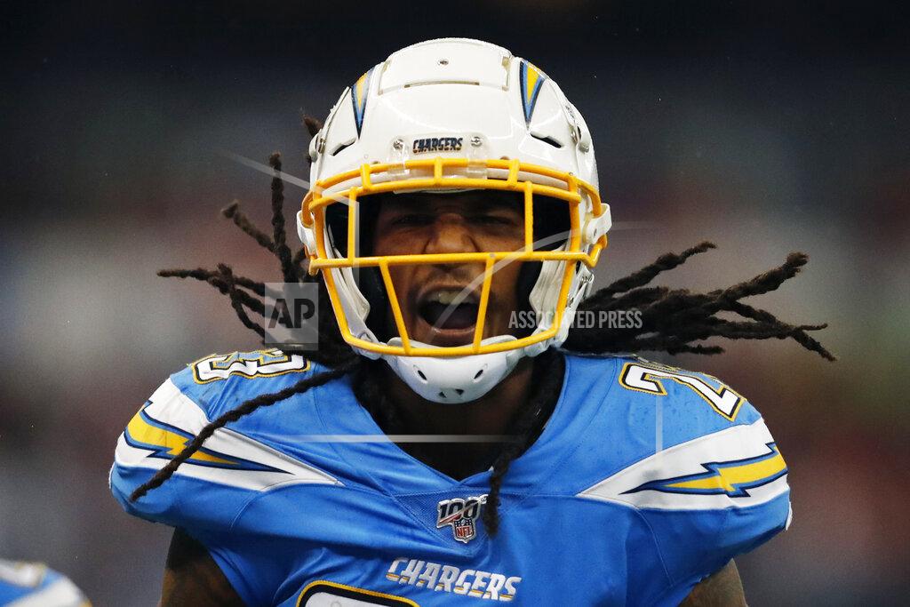 Eduardo Verdugo Los Angeles Chargers strong safety Rayshawn Jenkins celebrates his interception during the first half of an NFL football game against the Kansas City Chiefs, Monday, Nov. 18, 2019, in Mexico City. (AP Photo/Eduardo Verdugo)