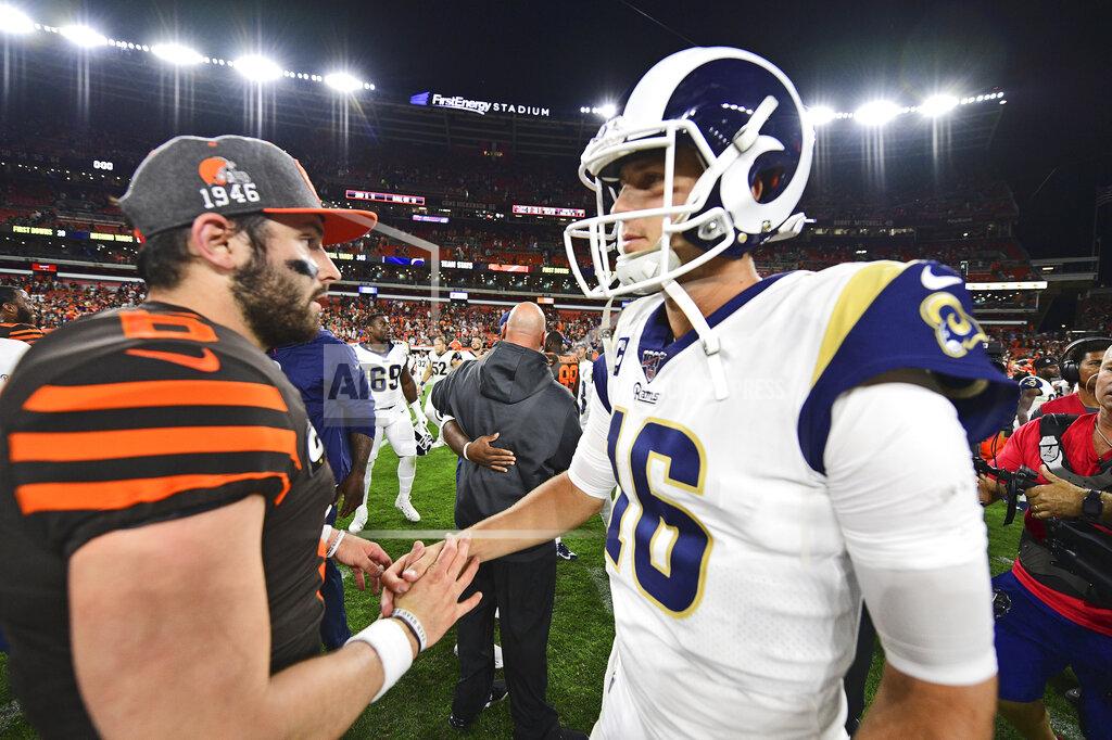 Cleveland Browns quarterback Baker Mayfield (6) greets Los Angeles Rams quarterback Jared Goff (16) after an NFL football game, Sunday, Sept. 22, 2019, in Cleveland. The Rams won 20-13. (AP Photo/David Dermer)