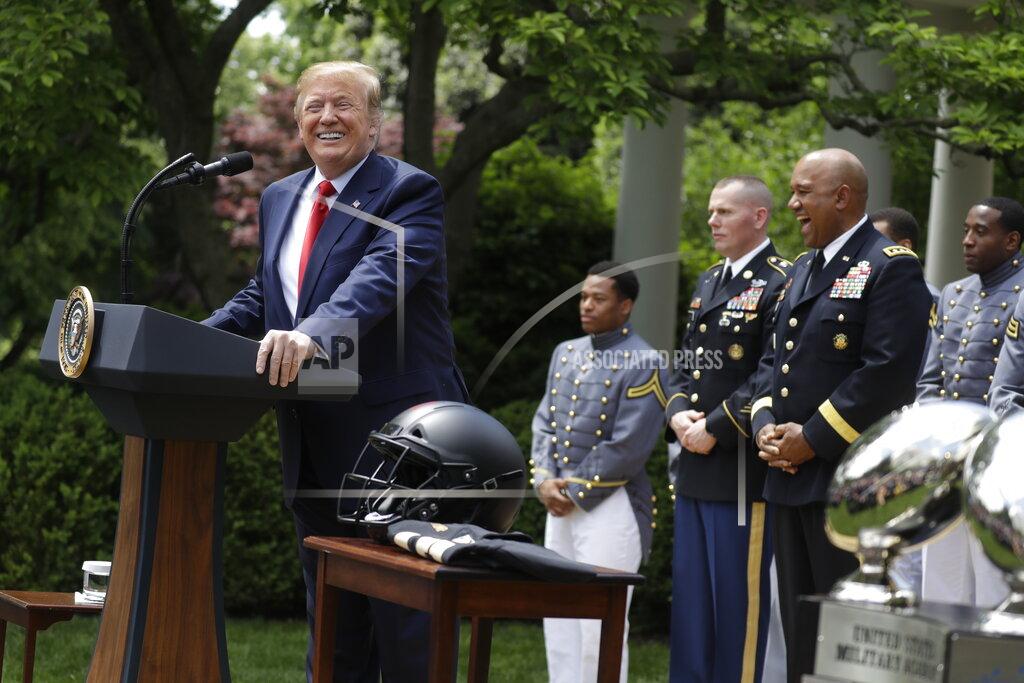 Evan Vucci President Donald Trump speaks during the presentation of the Commander-in-Chief's Trophy to the U.S. Military Academy at West Point football team, in the Rose Garden of the White House, Monday, May 6, 2019, in Washington. (AP Photo/Evan Vucci)