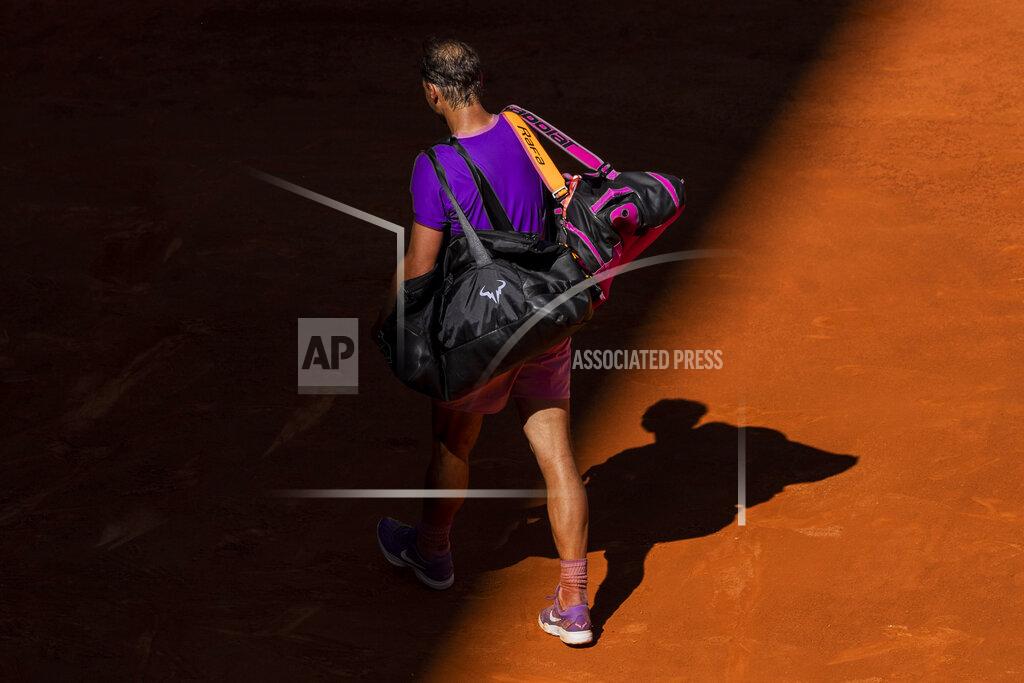 Spain's Rafael Nadal leaves the court after losing against Germany's Alexander Zverev at the Mutua Madrid Open tennis tournament in Madrid, Spain, Friday, May 7, 2021. (AP Photo/Bernat Armangue)