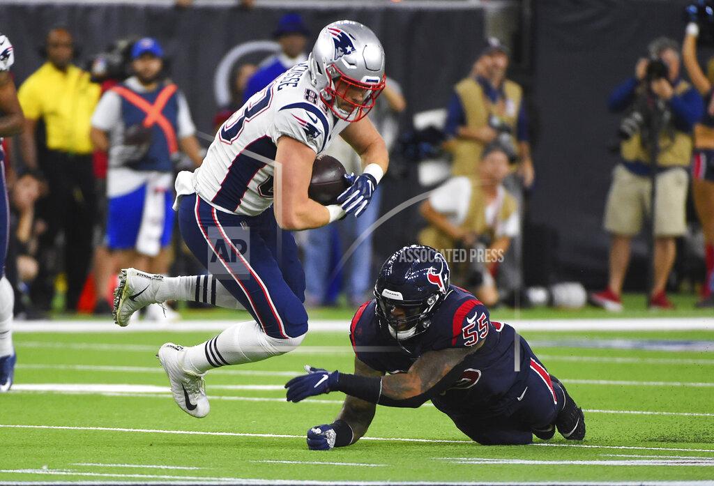 Eric Christian Smith New England Patriots tight end Matt LaCosse (83) is upended by Houston Texans inside linebacker Benardrick McKinney (55) during the first half of an NFL football game Sunday, Dec. 1, 2019, in Houston. (AP Photo/Eric Christian Smith)