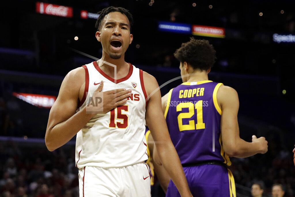 Marcio Jose Sanchez Southern California's Isaiah Mobley (15) celebrates after scoring against LSU during the first half of an NCAA college basketball game Saturday, Dec. 21, 2019, in Los Angeles. (AP Photo/Marcio Jose Sanchez)