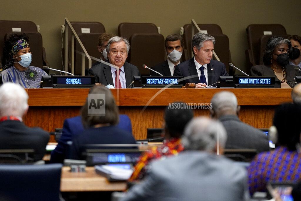 John Minchillo United Nations Secretary General Antonio Guterres, left, speaks as U.S. Secretary of State Antony Blinken, right, chairs a ministerial meeting on growing food insecurity around the world, which has been exacerbated by Russia's war on Ukraine, Wednesday, May 18, 2022, in United Nations headquarters. (AP Photo/John Minchillo)