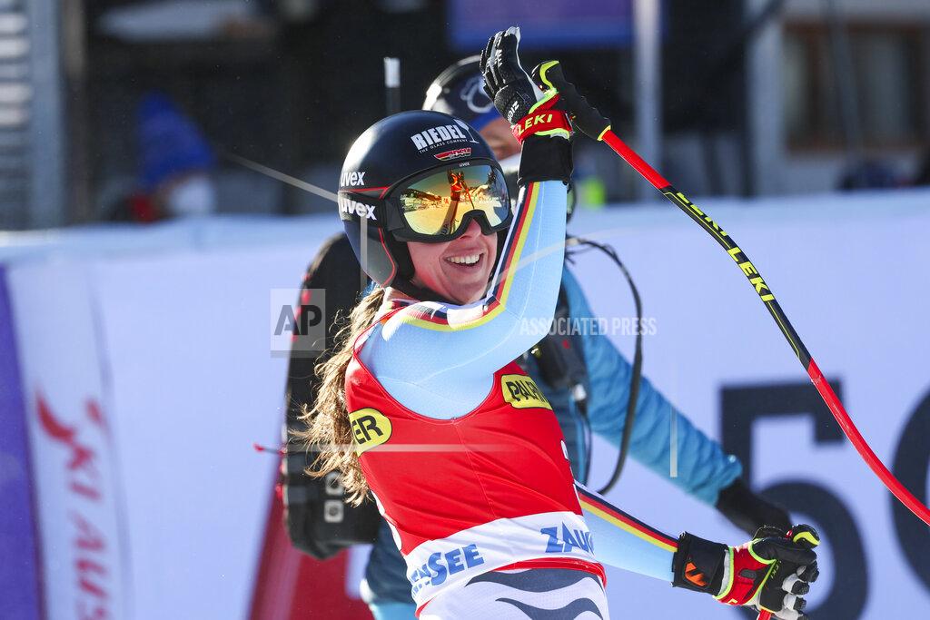 Marco Trovati Germany's Kira Weidle crosses the finish line during an alpine ski, women's World Cup downhill race, in Zauchensee, Austria, Saturday, Jan. 15, 2022. (AP Photo/Marco Trovati)