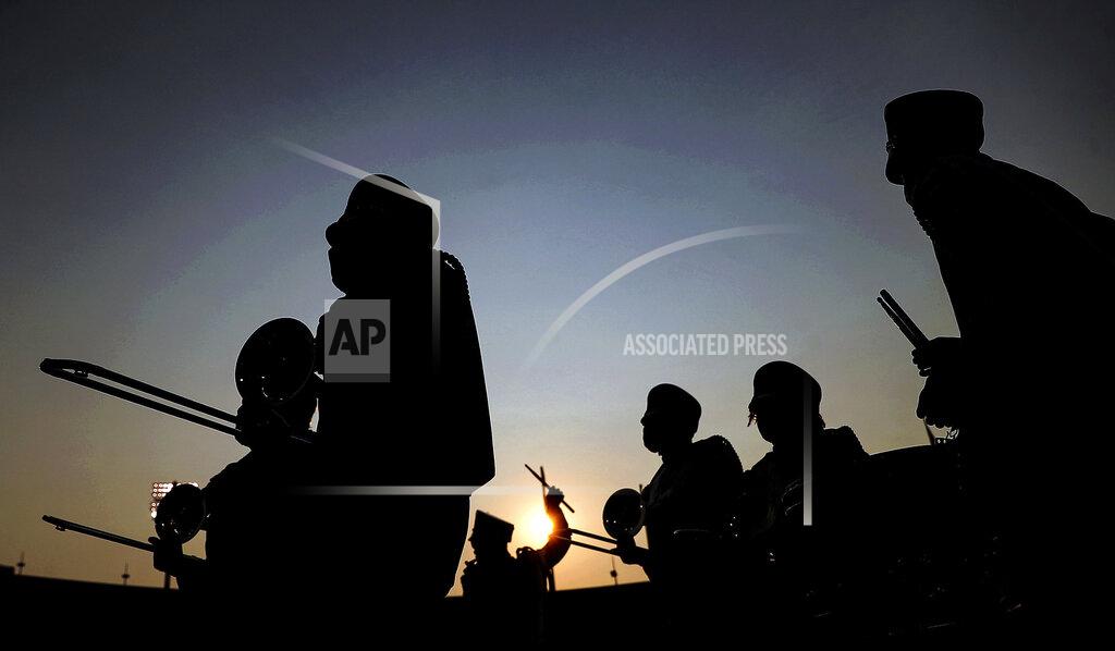 Patrick Lantrip The Tennessee State band heads into the Liberty Bowl before the Southern Heritage Classic NCAA college football game against Jackson State in Memphis, Tenn., Saturday, Sept. 11, 2021. (Patrick Lantrip/Daily Memphian via AP)