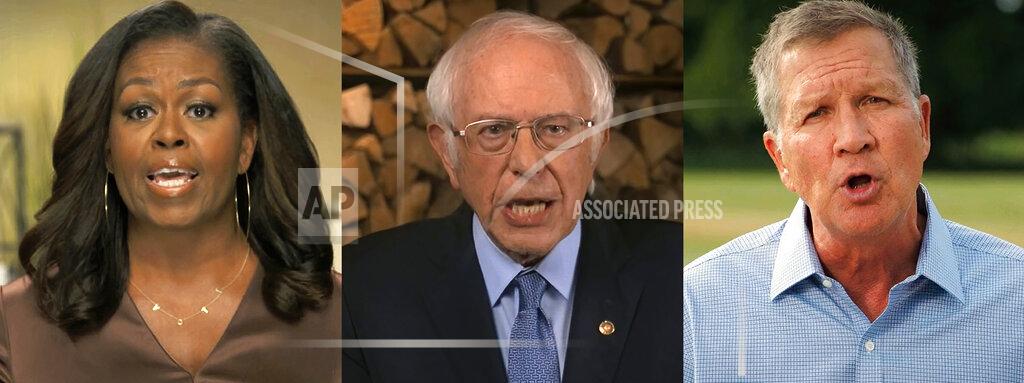 Uncredited In this combination image from video, former first lady Michelle Obama, Sen. Bernie Sanders, I-Vt., and former Republican Ohio Gov. John Kasich speak during the first night of the Democratic National Convention on Monday, Aug. 17, 2020. (Democratic National Convention via AP)