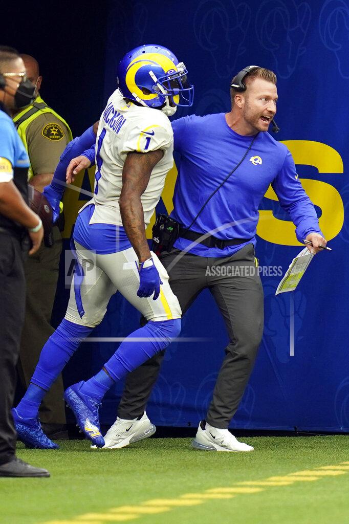 Jae C. Hong Los Angeles Rams wide receiver DeSean Jackson, left, celebrates his touchdown catch with head coach Sean McVay during the second half of an NFL football game against the Tampa Bay Buccaneers Sunday, Sept. 26, 2021, in Inglewood, Calif. (AP Photo/Jae C. Hong)