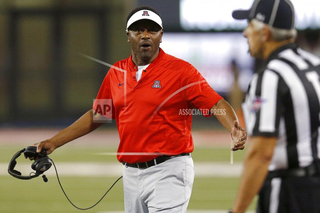 Rick Scuteri Arizona head coach Kevin Sumlin reacts to an official's call in the first half during an NCAA college football game against Southern Utah, Saturday, Sept. 15, 2018, in Tucson, Ariz. Arizona is looking for more consistency after a disappointing first season under coach Kevin Sumlin. The Wildcats return several key players, led by quarterback Khalil Tate and running back J.J. Taylor. Arizona opens its season playing at Hawaii on Aug. 24. (AP Photo/Rick Scuteri)