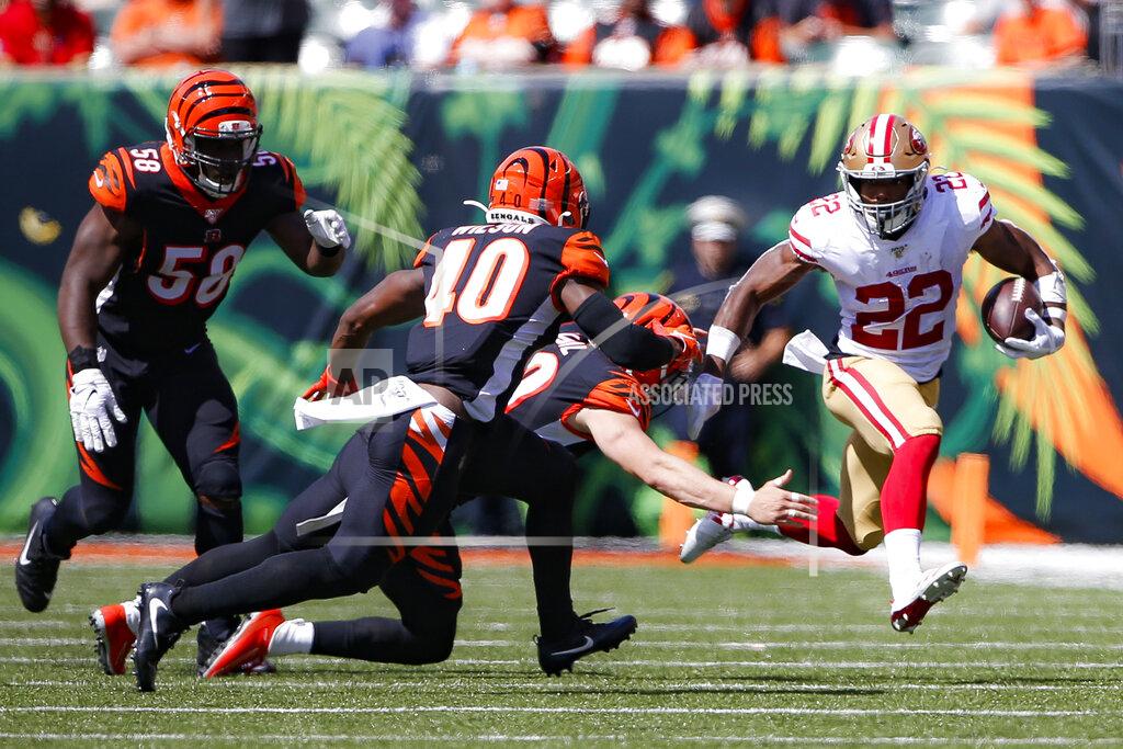 Gary Landers San Francisco 49ers running back Matt Breida (22) runs the ball during the first half an NFL football game against the Cincinnati Bengals, Sunday, Sept. 15, 2019, in Cincinnati. (AP Photo/Gary Landers)