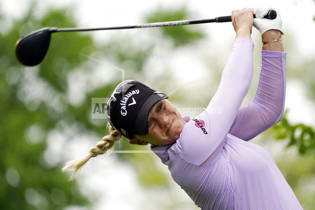 John Minchillo Madelene Sagstrom, of Sweden, tees off on the second hole during the third round of the LPGA Cognizant Founders Cup golf tournament, Saturday, May 14, 2022, at the Upper Montclair Country Club in Clifton, N.J. (AP Photo/John Minchillo)