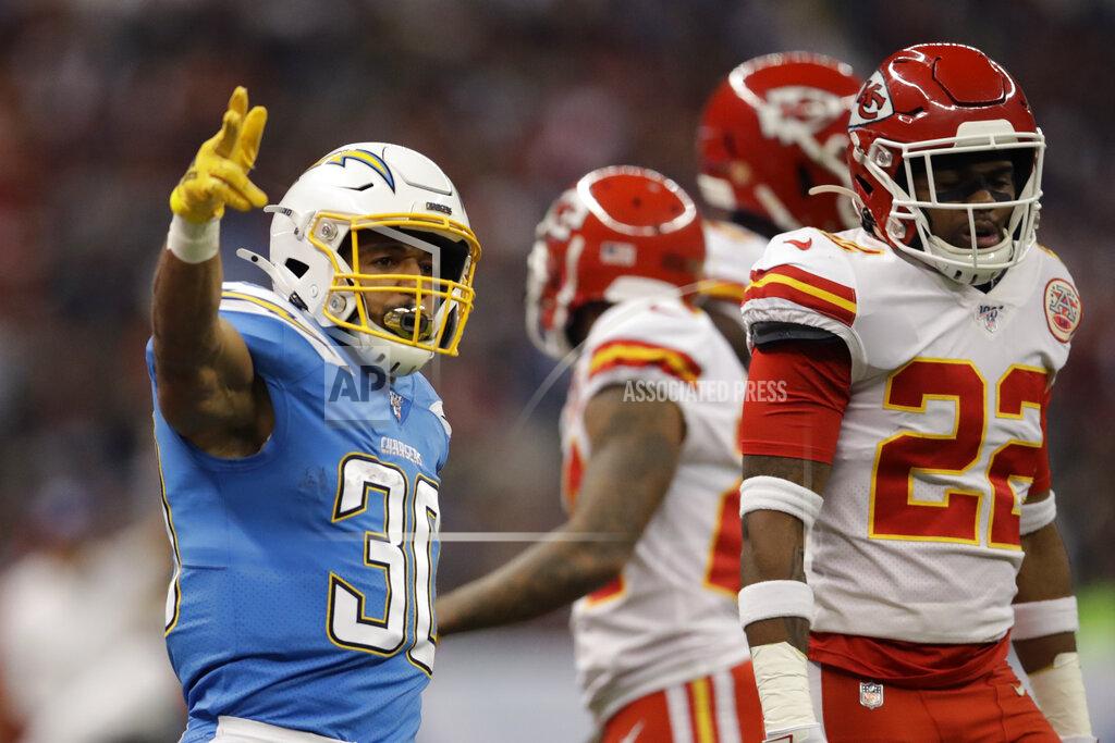 Marcio Jose Sanchez Los Angeles Chargers running back Austin Ekeler reacts during the first half of an NFL football game against the Kansas City Chiefs Monday, Nov. 18, 2019, in Mexico City. (AP Photo/Marcio Jose Sanchez)