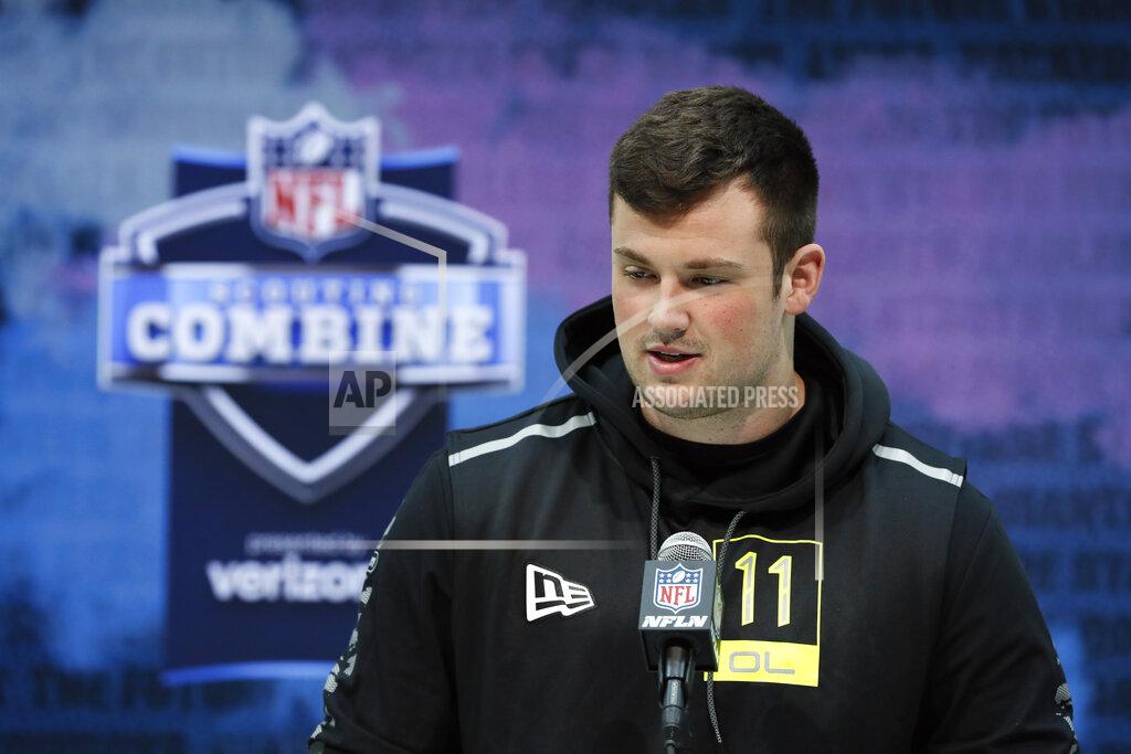 Charlie Neibergall FILE - In this Feb. 26, 2020, file photo, Boise State offensive lineman Ezra Cleveland speaks during a press conference at the NFL football scouting combine in Indianapolis. Cleveland is a possible pick in the NFL Draft which runs Thursday, April 23, 2020, thru Saturday, April 25. (AP Photo/Charlie Neibergall, File)
