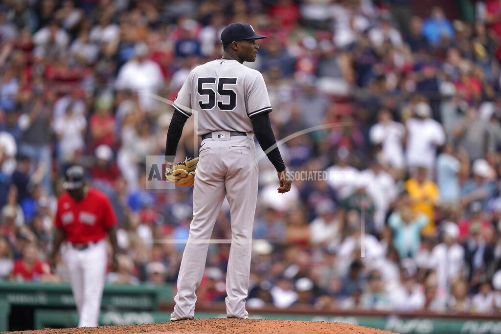 Steven Senne New York Yankees' Domingo German (55) looks toward second base after he had his no-hitter broken up by Boston Red Sox's Alex Verdugo's double in the eighth inning of a baseball game, Sunday, July 25, 2021, in Boston. German was pulled by manager Aaron Boone after Boston's first hit. The Red Sox won 5-4. (AP Photo/Steven Senne)