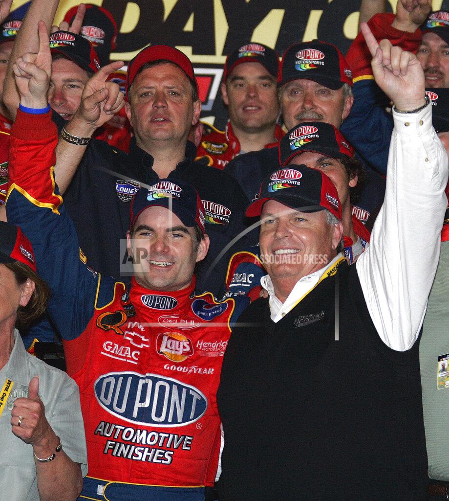 Terry Renna FILE - NASCAR driver Jeff Gordon, left, celebrates his victory in the Daytona 500 with car owner Rick Hendrick in Victory Lane of the Daytona International Speedway in Daytona Beach, Fla., in this Sunday, Feb. 20, 2005, file photo. Jeff Gordon will leave the Fox Sports booth for a daily role at Hendrick Motorsports as vice chairman ranked second only to majority owner Rick Hendrick. The new job positions the four-time champion and Hall of Famer to eventually succeed Hendrick at the top of NASCAR’s winningest organization. (AP Photo/Terry Renna, File)