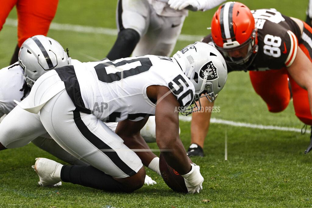 Ron Schwane Las Vegas Raiders linebacker Nicholas Morrow (50) recovers a fumble by Cleveland Browns tight end Harrison Bryant (88) during the first half of an NFL football game, Sunday, Nov. 1, 2020, in Cleveland. (AP Photo/Ron Schwane)