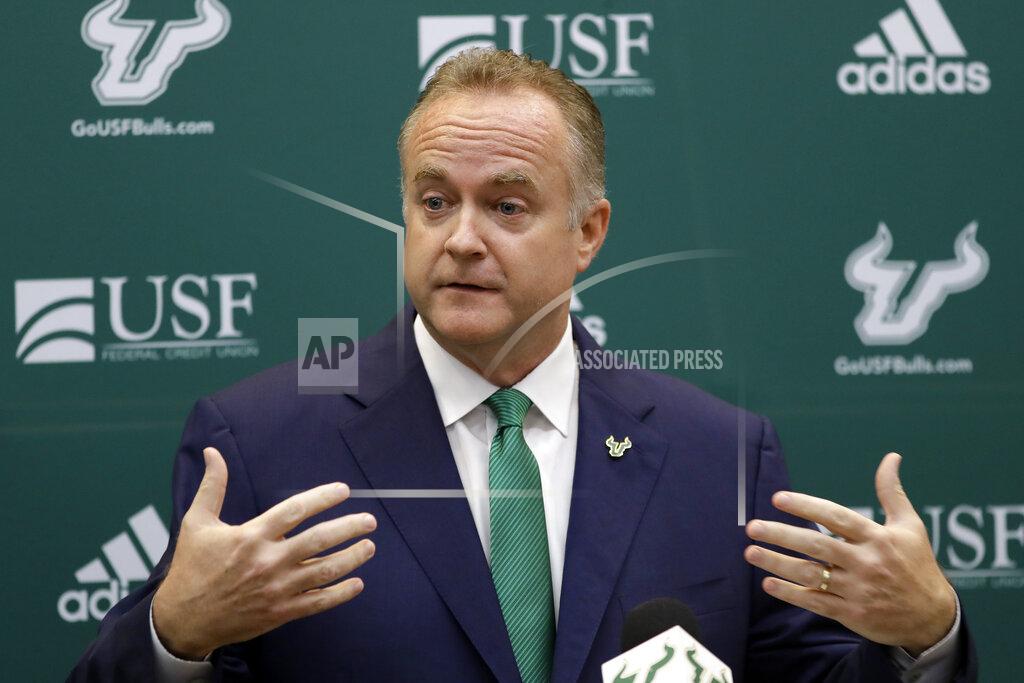 Chris O'meara University of South Florida Athletic Director Michael Kelly speaks during a news conference regarding the search for a new head coach of the football team, Monday, Dec. 2, 2019, in Tampa, Fla. The university fired Charlie Strong on Sunday. (AP Photo/Chris O'Meara)