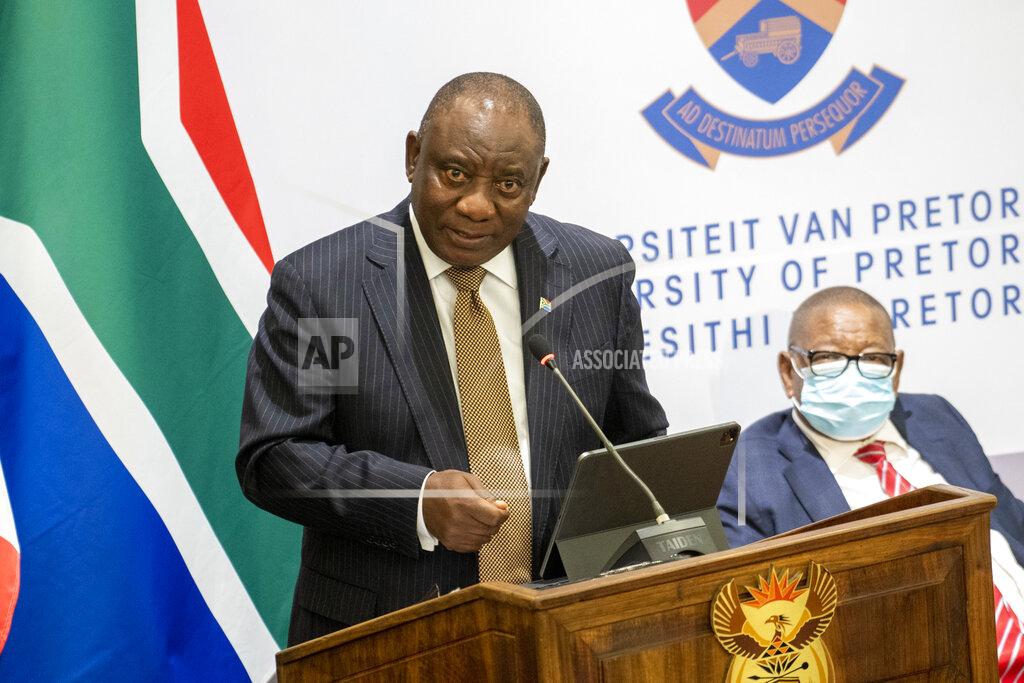 Jerome Delay South African President Cyril Ramaphosa delivers a speech at the University of Pretoria Future Africa in Pretoria, South Africa, Friday May 28, 2021. French President Emmanuel Macron and Ramaphosa are launching a program su support African vaccine production, a project backed by the European Union, the United States and the World Bank. (AP Photo/Jerome Delay)