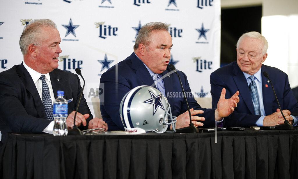 Brandon Wade New Dallas Cowboys head coach Mike McCarthy, center, is introduced by Chief Operating Officer Stephen Jones, left, and owner Jerry Jones, right, during a press conference at the Dallas Cowboys headquarters Wednesday, Jan. 8, 2020, in Frisco, Texas. (AP Photo/Brandon Wade)