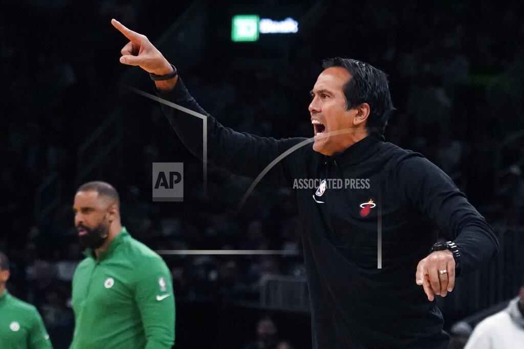 Charles Krupa Miami Heat head coach Erik Spoelstra calls to his players while facing the Boston Celtics during the first half of Game 4 of the NBA basketball playoffs Eastern Conference finals, Monday, May 23, 2022, in Boston. (AP Photo/Charles Krupa)
