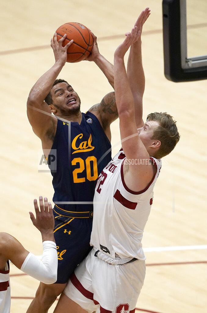 Tony Avelar California guard Matt Bradley (20) shoots over Stanford forward Lukas Kisunas (32) during the second half of an NCAA college basketball game in Stanford, Calif., Sunday, Feb. 7, 2021. (AP Photo/Tony Avelar)