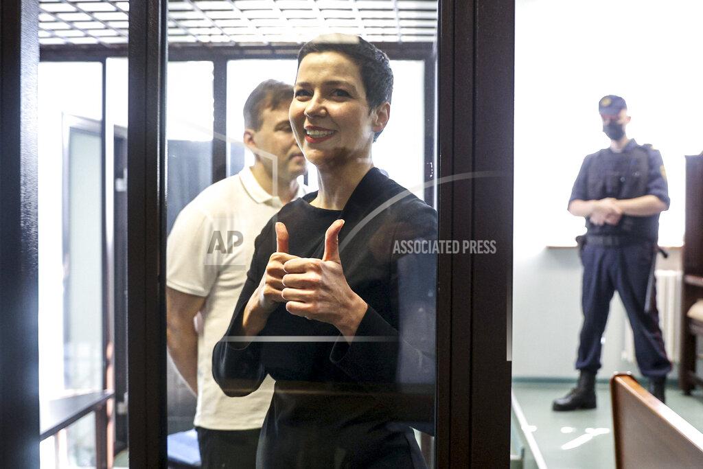 Ramil Nasibulin Belarus' opposition activists Maria Kolesnikova, foreground, and Maxim Znak, behind her, attend a court hearing in Minsk, Belarus, Wednesday, Aug. 4, 2021. Kolesnikova and Znak, members of the opposition Coordination Council, have been in custody since their arrest in September of 2020. (Ramil Nasibulin/BelTA pool photo via AP)